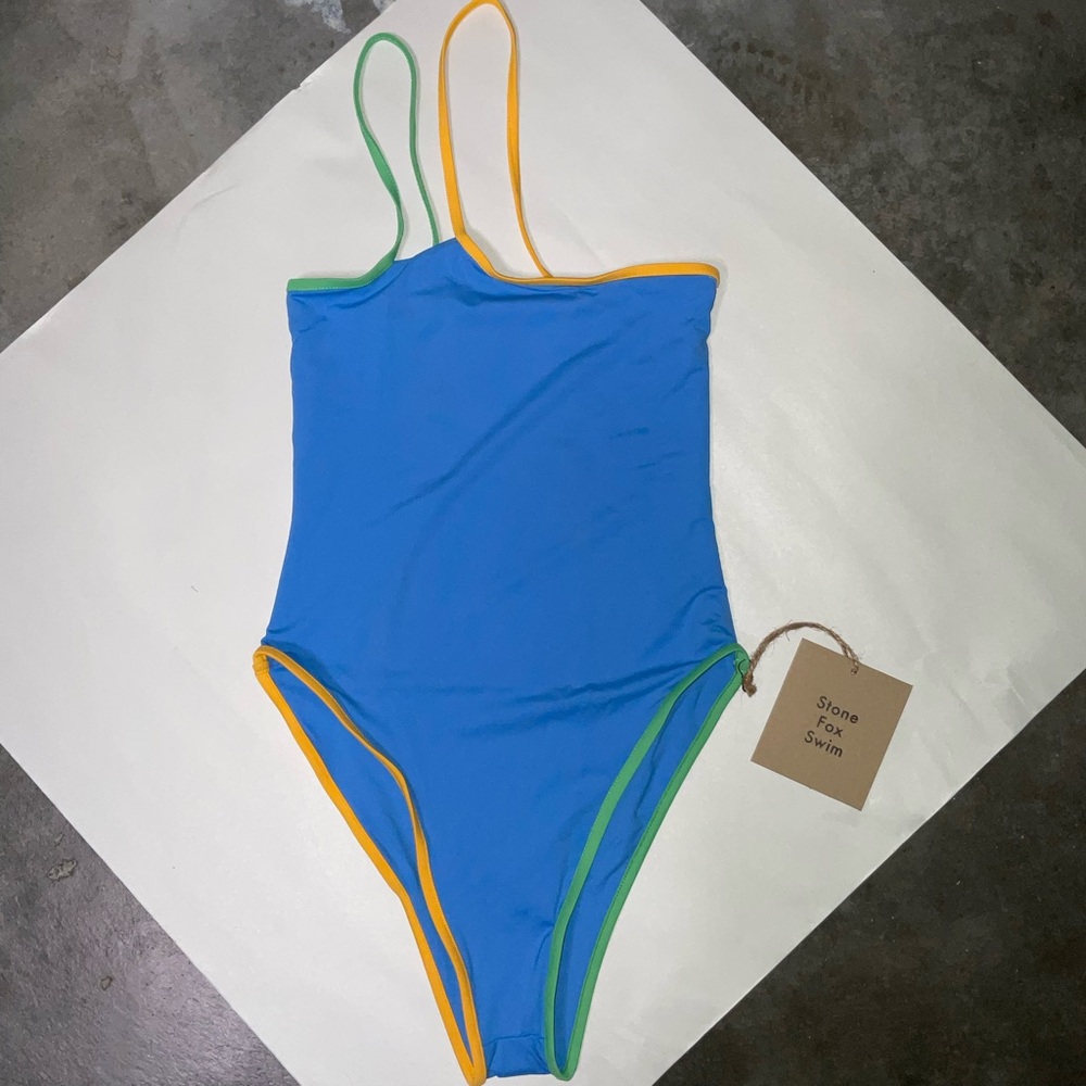 Stone Fox Swim Blue One-Piece with Green and Yellow Trim